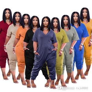 Women Plus Size Jumpsuits Designers Clothes Fashion Short Sleeve Rompers V Neck Long Onesies Sportswear With Pockets S-5XL