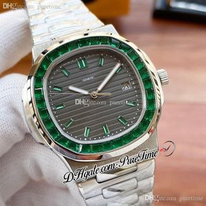 Sale 40mm 5711 A21J Automatic Mens Watch Baguette Emeralds Bezel Gray Texture Dial Green Diamonds Stick Markers Stainless Steel Bracelet Puretime E217a1