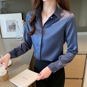 Vårkoreanska mode Silkkvinnor Blusar Satin Solid Womens Tops and Bluses Plus Size Xxxl Office Lady Long Sleeve Women Shirts 210308