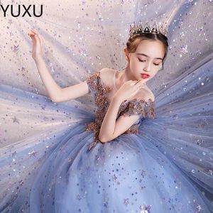 Tulle Little Girls Pageant Dresses Top Gold Sequin Floor Length Blue Flower Girl Dress For Wedding Bow Sash Formal Kids Ball Gowns 403