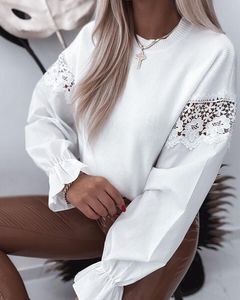 Women's Polos White Elegant Woman Sweater Tops 2022 Autumn Fashion Guipure Lace Patch Long Sleeve Top Women's BlouseWomen's