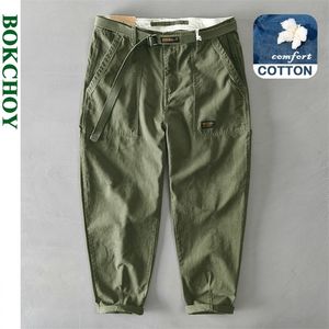 Autumn Winter Pure Cotton Men Cargo Pants Korean Style Male Casual Loose Belt Mid Waist Slim Fit Pencil Trouser GA Z329 220524