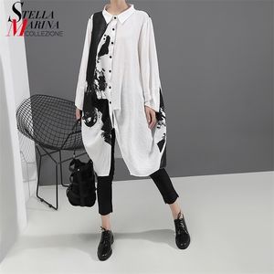 Korean Style Woman Long Sleeve White Print Shirt Dress Painting Plus Size Straight Lady Casual Midi Dress Loose Robe Femme 5459 210401