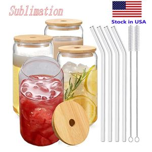US Warehouse 2 Days Delivery 16oz mug straight blank sublimation frosted clear Transparent coffee glass cup tumblers with bamboo lid and straw on Sale