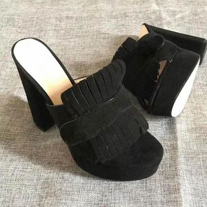 Tasarımcı Kadın Sandalet Marmont Yüksek Topuklu Platform Slayt Lüks Deri Püskül Ayakkabı Çift Harf G Kaba Topuk Yarım Terlik Büyük Boy 35-42 NO28