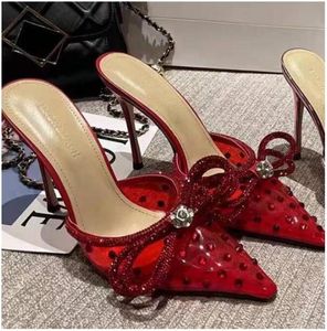 8mach Sandali con trapano trasparente con doppio fiocco in strass impreziositi da cristalli Décolleté Scarpe con tacco alto Donna da sera Luxurys Designer Scarpe eleganti alla caviglia Cinturino incrociato