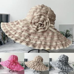 Visor Women Hat Sunscreen Randig Foldbar Sun Cap Flower Decor UV Protection Wide Brim Beach For Outdoor Semestervisorer