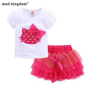 Mudkingdom Cute Summer Girls Outfits Cartoon Cat T-shirt and Tutu Skirt Set for Girl Princess Clothes Suit Children Clothing 220419