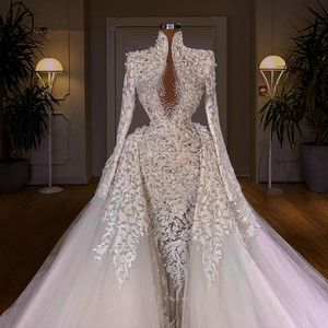 Arabo Aso Ebi Abiti da sposa a sirena di lusso con strascico staccabile Collo alto Manica lunga Pizzo Perle Abito da sposa principessa robes de mari￩e