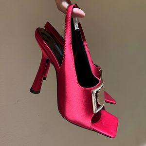 Luxury Designer high-heeled shoes satin silk smooth metal square button decoration 10cm head back empty thin heel sandals rosy red sexy wedding dinner dress shoes