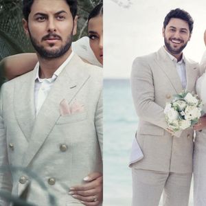 Beige Leinen-Hochzeits-Smoking-Herrenanzüge für den Sommer-Strand-Bräutigam-Kleidung, 2-teiliges italienisches Mantel-Set, Jacke mit Hose, maßgeschneiderte Herrenmode