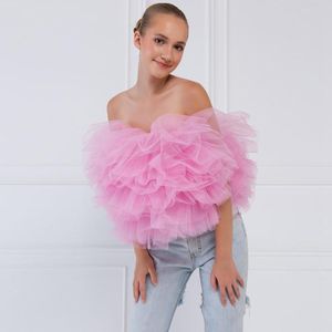 Damtröjor Camis Chic Tulle Tube Top Custom Made Strapless Dam Puffy Toppar Dragkedja Baksida Speciella tillfällen Kort skjorta Kläder