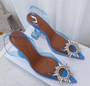 샌들 하이힐 Amina muaddi Begum 활 Crystal-Embellished 버클 뾰족한 toesl 해바라기 샌들 여름 신발 10cm 디너 드레스 신발