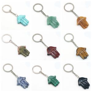 Cute Healing Chakra Gemstone Hand Keychains for Women Men Evil Eye Hamsa Hand Fatima Crystal Pendant key Chain Acessories Hip Hop Jewelry