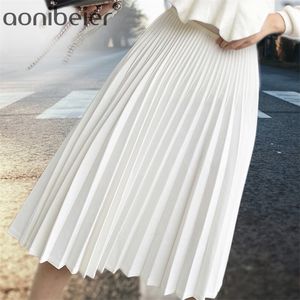 Aonibeier Women Narrow Elastic Waist Skirts High Waist Pleated Skirts Big Swing Female Casual Black White Midi Skirt 65cm Long 210311