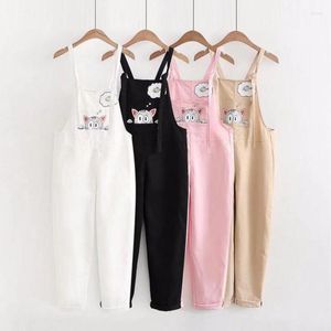 Jumpsuits voor dames rompers Japan stijl meisje schattig cartoon kat printen geborduurd roze overalls witte zwarte kaki vrouwelijke zomer Kwaii overa