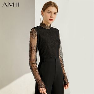 AMII Minimalism Autumn Fashion Lace Spliced Women Blouse Tops Turtleneck Full Sleeve Slim Fit Female Shirt Tops 12060088 210308