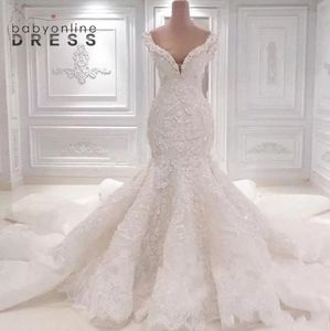2022 호화로운 인어 웨딩 드레스 섹시한 백리스 V 넥 신부 가운 숄더 아랍어 두바이 로브 드 SORIEE BC0221