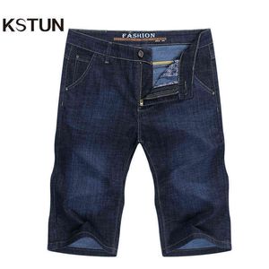 KSTUN Men Denim Shorts Dark Blue 2020 Summer Cotton Slim Straight Regular Fit Short Jeans Male Brand Clothing Businessman Shorts G0104