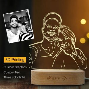 Soltar luz 3D Night Light 3 Cores USB Texto PO Lâmpadas DIY personalizadas para bebê Presente de casamento de Natal 220623