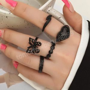 5pcs Vintage Siyah Kelebek Yüzük Seti Kadın Minimalist Metalik Geometrik Parmak Yüzükler 2022 Kız Parti Moda Takı