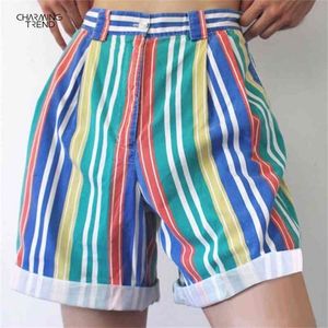 Raka byxor sommarfärg shorts kvinnor kort streetwear kort vintage randiga shorts hög gata färgglada lösa korta byxor 210702