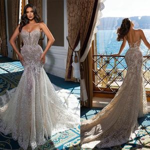 Sexy durchsichtiges Hochzeitskleid, elfenbeinfarben, Spaghettiträger, Spitze, Blumenapplikationen, arabische Meerjungfrau, Hochzeit, Brautkleider, Übergröße