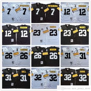 NCAA Throwback 26 Rod Woodson Fußballtrikots Retro Stitch Ben Roethlisberger 12 Terry Bradshaw 23 Mike Wagner 32 Franco Harris 31 Donnie Shell Trikot