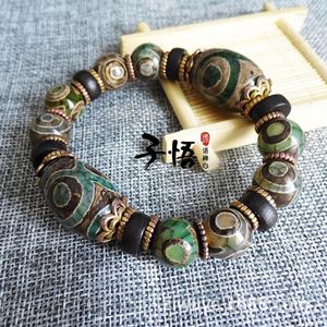 Beaded Strands Manufacturers Wholesale Original Tibetan Antique Green Three-eyed Dzi Bead Bracelet Bracelets Diy Spacer Jewelry Wholesale. I