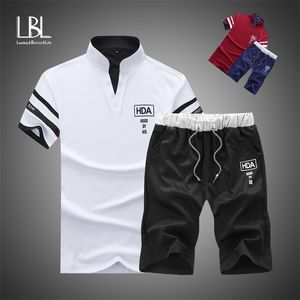 Summer Polo Shirt Mens krótki rękaw Polo + Karcien Suit Mężczyzna solidna koszulka oddychająca 2pc Top Set Fitness Sportos