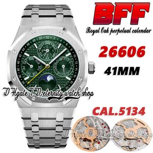 BFF BF26606複雑な機能CAL.5134 BF5134自動メンズウォッチ41mmムーンフェーズ緑のテクスチャダイヤルスティックマーカーステンレススチールブレスレット永遠の時計