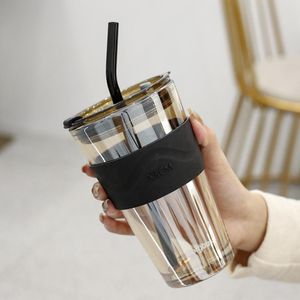 Muggar 450 ml kaffeglas kopp värmebeständig mugg vinglas för bärbar tätad vatten botton med halmmjölk te rese present muggs