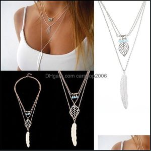 Pendant Necklaces Pendants Jewelry Creative Long Metal Leaf Feather Sweater Necklace Mti-Layer For Wom Dhn9V