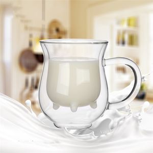 Creative Tumblers Cow Double Layer Glass Creamer Cup 250ml Lovely Milk Jug Juice Tea Coffee Cups Clear Glasses Mug Milk Frother Pitcher ZC1215