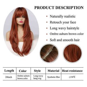 شعر مستعار الشعر الاصطناعي Cosplay Easihair Red Brown Roat Root Cynthetic Long Wavy Wavs مع Bangs Colored Hair Cosplay for Black Women Heat Resistant 220225