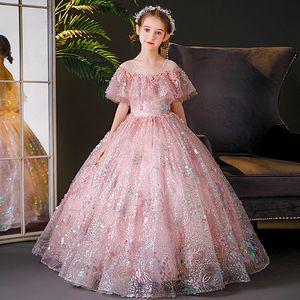 Luksusowy różowy bling cekin dziewczęta suknia konkursowa puszysta kwiecowana dziewczyna sukienki balowe suknie imprezowe koronkowe suknie balowe Pierwsza suknia Komunii Święta