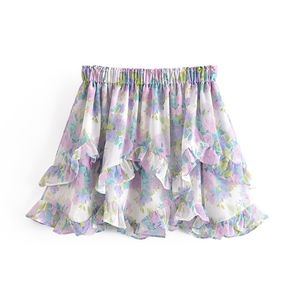 YENKYE Sweet Floral Print Ruffle Skirt Women Elastic High Waist Mini Jupe Femme Holiday Summer Boho Beach Casual faldas 220611