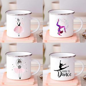 Kubki Enamel Coffee Tea Pink Balet Dance Girl Drukuj śniadanie Deser Milk Cups Office Home Water Cub Kawaii Festival Prezenty