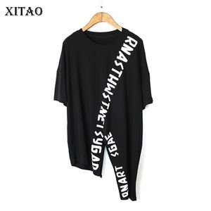 Xitao oregelbunden bokstav t shirt mode kvinnor pullover gudinnan fan tryck lapptäcke elegant casual stil lös tee 210317