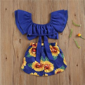 Tvådelad kostym för födelsedagsflickor Kläder Set Bowknot Croped Tops Sunflower Print Shorts Outfits Kids Party Semesterkläder 220507
