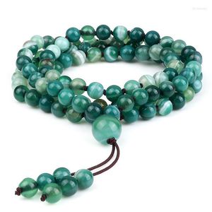 Fios de miçangas charme 108 contas Bracelet elástica de nó de 6 mm Green Green listrado Agates Stone Oração de mala colarbraCelet para homens