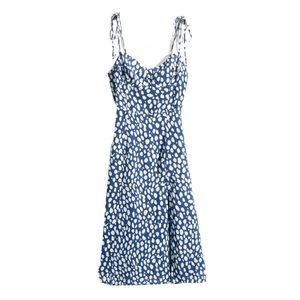 W stylu francuskim niebiesko biała kropka regulacja paska spaghetti retro seksowne kobiety sukienki rozcięcia vestido 220511
