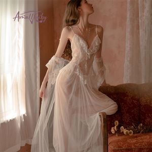 Lace Mesh Pajamas Nightgown Long Bride Robe Wedding Pijama White Bathrobe Female Sexy Sleepwear Women Mesh Homewear 220321