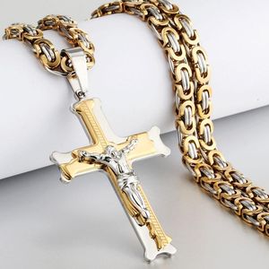 Pendant Necklaces Gold Color Fish Bone Pattern Cross Necklace Men Stainless Steel Crucifix Jesus Link Chain Catholic Jewelry GiftPendant