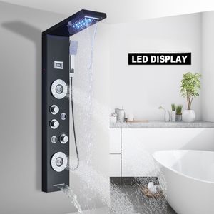 Black LED Shower Panel Waterfall Rain Shower Faucet Set SPA Massage Jet Bath Shower Column Temperature Display Mixer Tap Tower