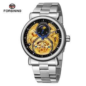 Armbanduhren Forsining Luxus Design Gold Skeleton Uhr Echte Stahlband Herren Mechanische Uhr Männlich