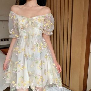 French Floral Dress Women Sexy Puff Sleeve Lace Chiffon Print Mini Summer Korean Style Vintage Fairy 220418