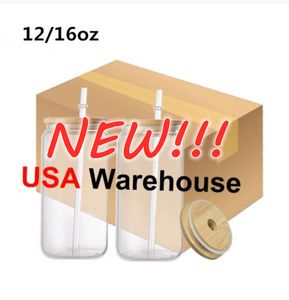 US Local Warehouse 16oz Sublimation Glas Öl Muggar Glas vattenflaska Dricksglas med bambu lock och återanvändbara sugrör Iskaffe glas