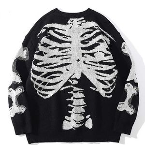 Herrhuvtröjor Sweatshirts Herrens vintage Streetwear Skeleton Bone Women Sweaters Korean O Neck Long Sleeve Over Size Sueter Streetwear Harajuku Jumpers