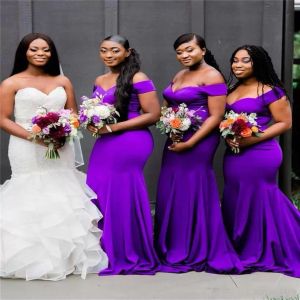 Bridesmaid Purple Dresses Mermaid Off the Shoulder Satin Beach Wedding Guest Gowns Floor Length Plus Size Custom Made Formal Ocn Wear